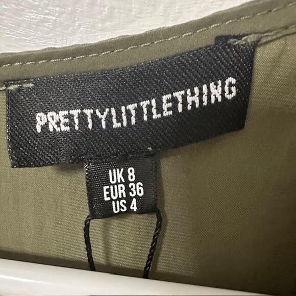 NWT PrettyLittleThing Satin Wrap Mini Dress Olive Green US 4 Long Sleeve - Picture 4 of 8